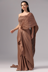 Layered saree, Stylish Indo-Western saree, Indo-Western saree for festivals, Traditional Indo-Western saree, Satin Indo-Western saree, Elegant Indo-Western saree, Contemporary drape saree, Sunanta Madaan