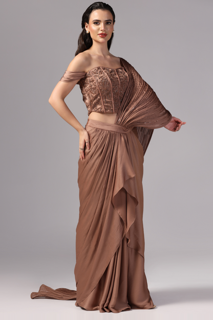 Brown Sequin embroidery designer saree