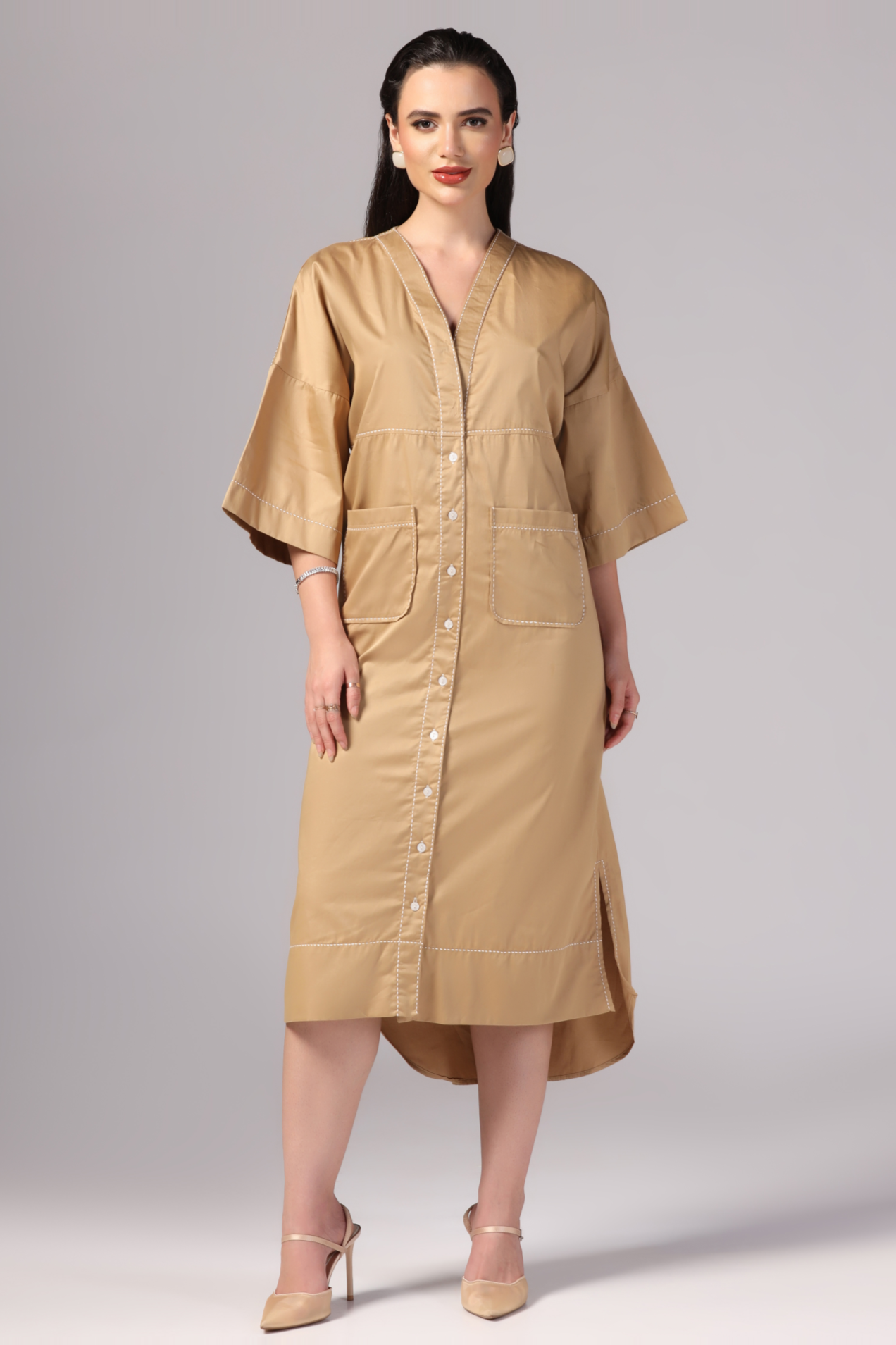 V neck Dress, Button Down Dress for women, Long Sleeve Dress for women, High Low Dress for women, Camel Dress for women, Two Pocket dress for women, Maxi Dress for women, Sunanta Madaan