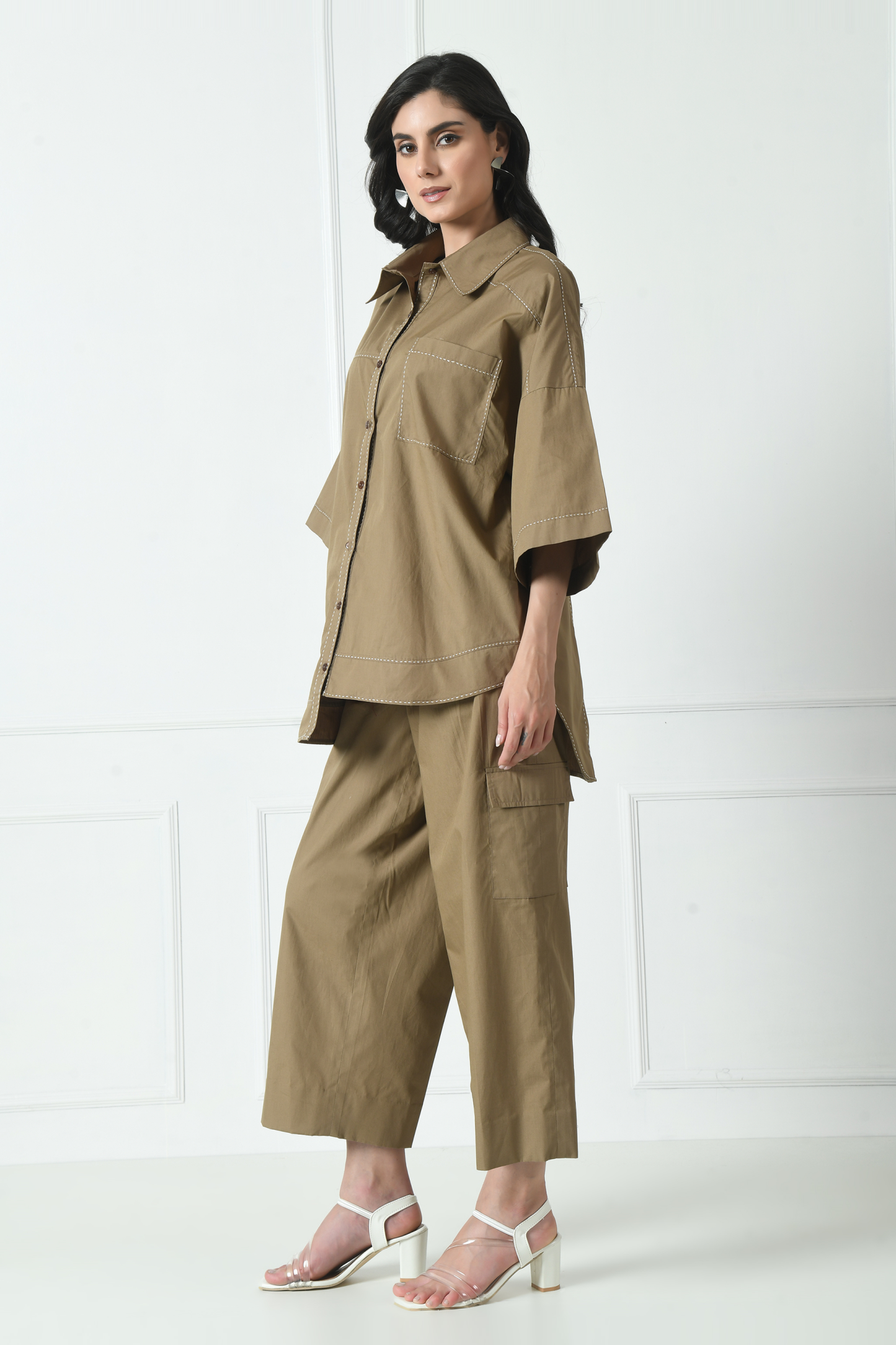 Coord Set for Women, Cotton Brown color Coord Set, Sunanta Madaan, Cotton Coord Set, Threading Work Coord Set