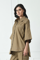 Cotton High Low Shirt, Hand Thread Detailing Work Shirt, Brown Cotton Shirt for Women, Cotton Pocket Shirt  for Women, Sunanta Madaan