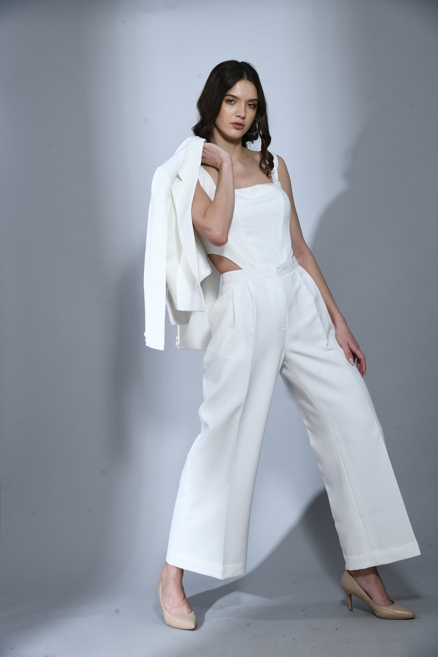 Soho White Crepe Cropped Blazer Set with Trouser & Corset