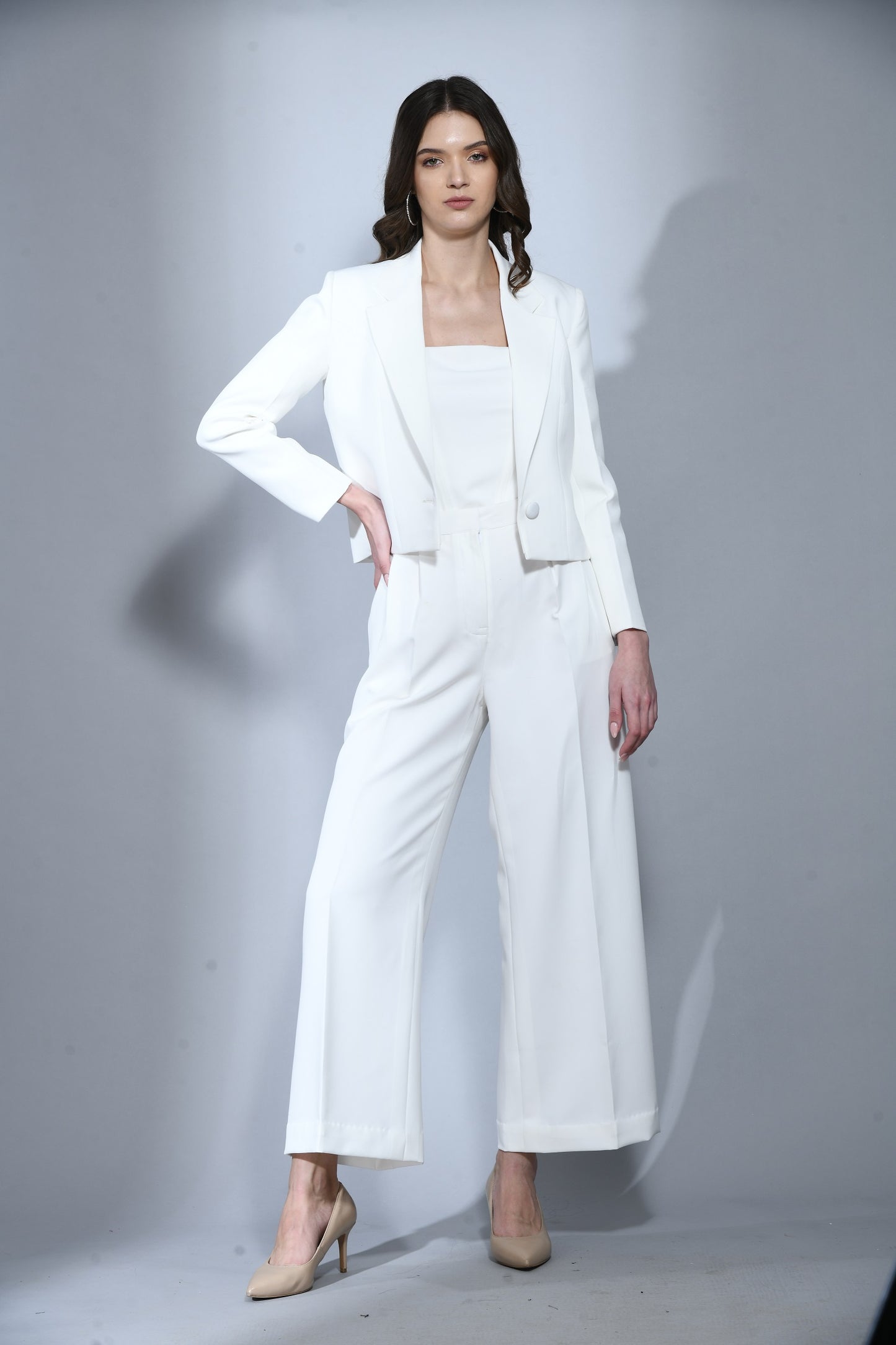 Soho White Crepe Cropped Blazer Set with Trouser & Corset