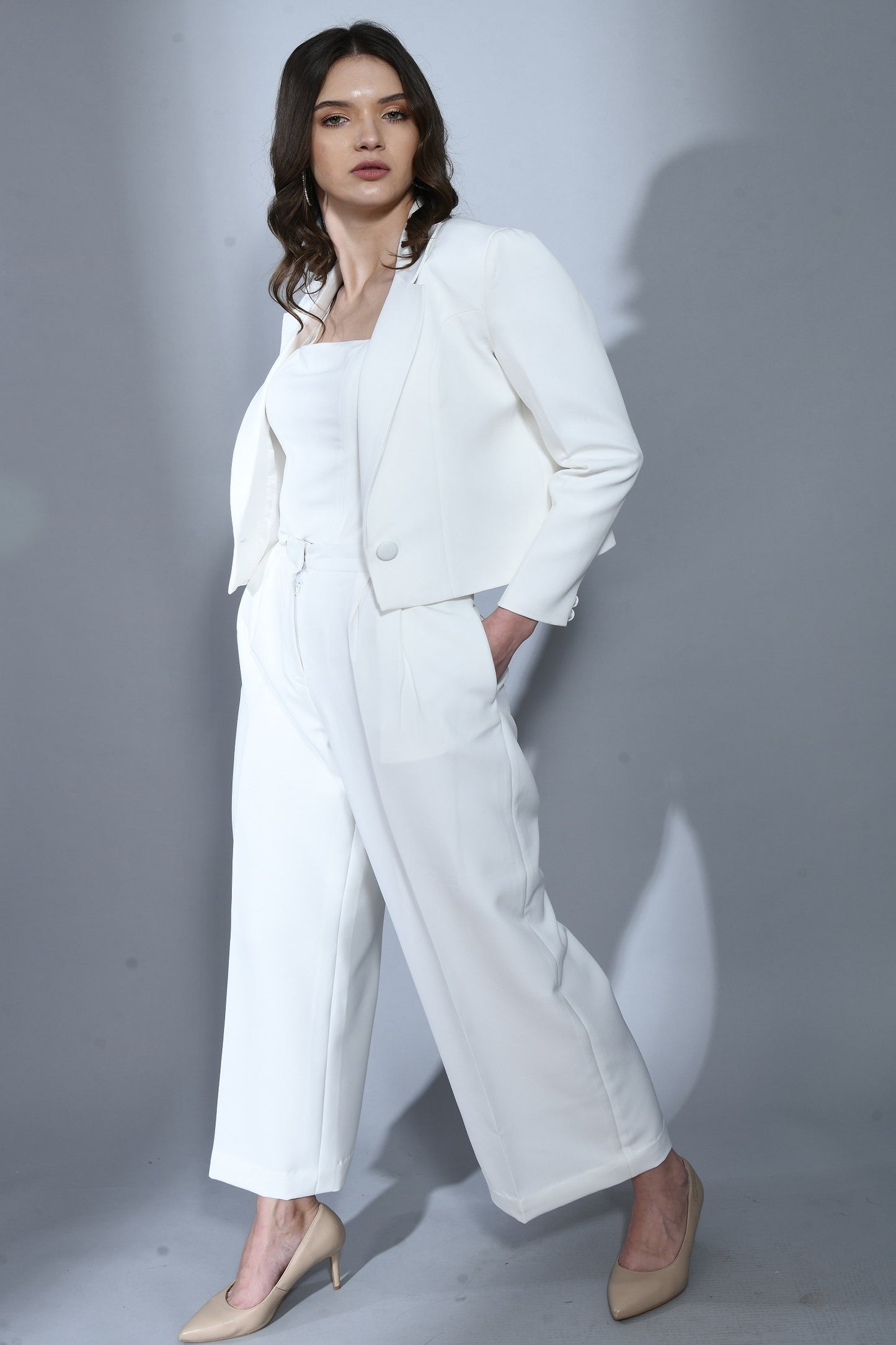 Soho White Crepe Cropped Blazer Set with Trouser & Corset