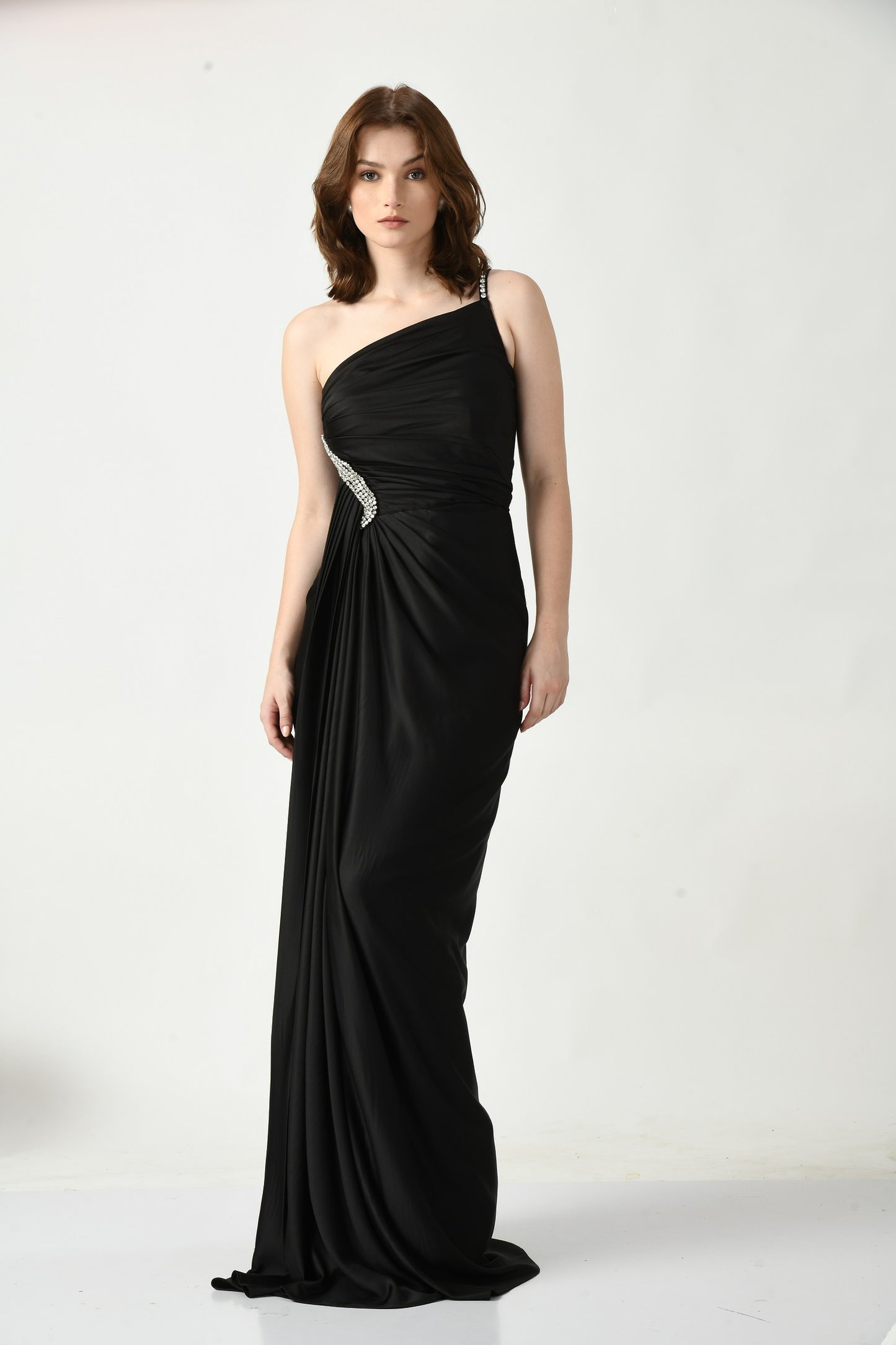 Abilene Black Crepe Satin One-Shoulder Cocktail Gown