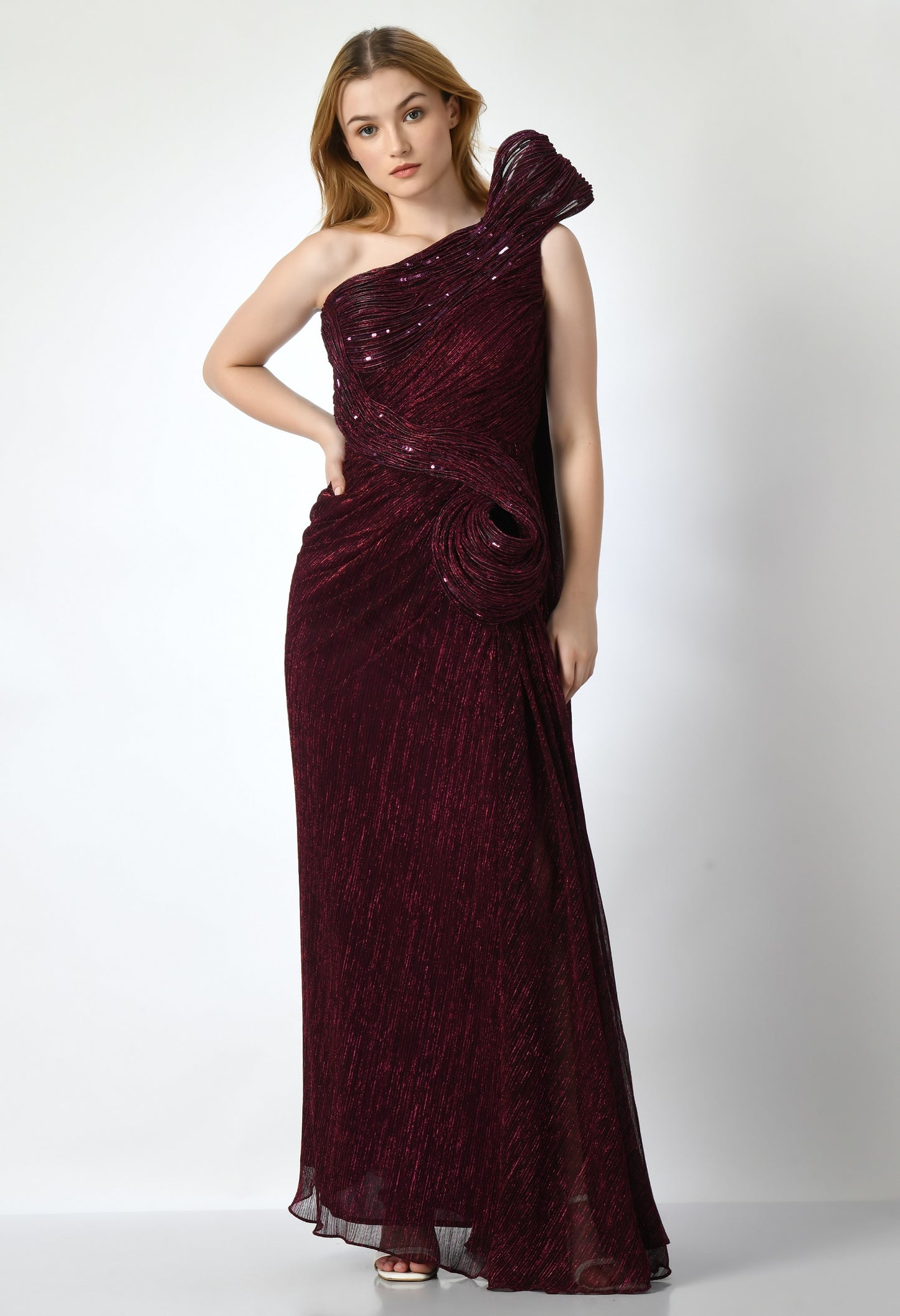 Peoria Maroon Crepe Sequin Bodycon Gown