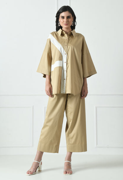 Designer Cotton Camel Co-ord Set - Color Blocking with Ivory color.