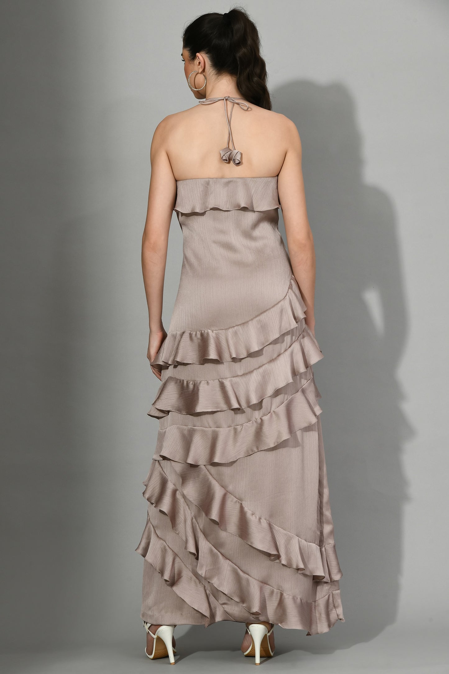 Ada Satin Chiffon Sweetheart Neck Layered Ruffle Gown