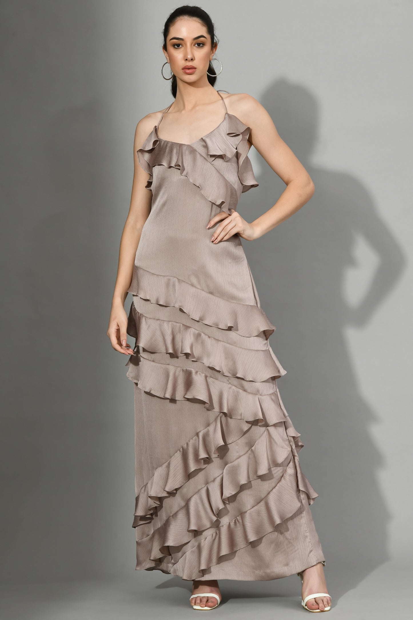 Ada Satin Chiffon Sweetheart Neck Layered Ruffle Gown