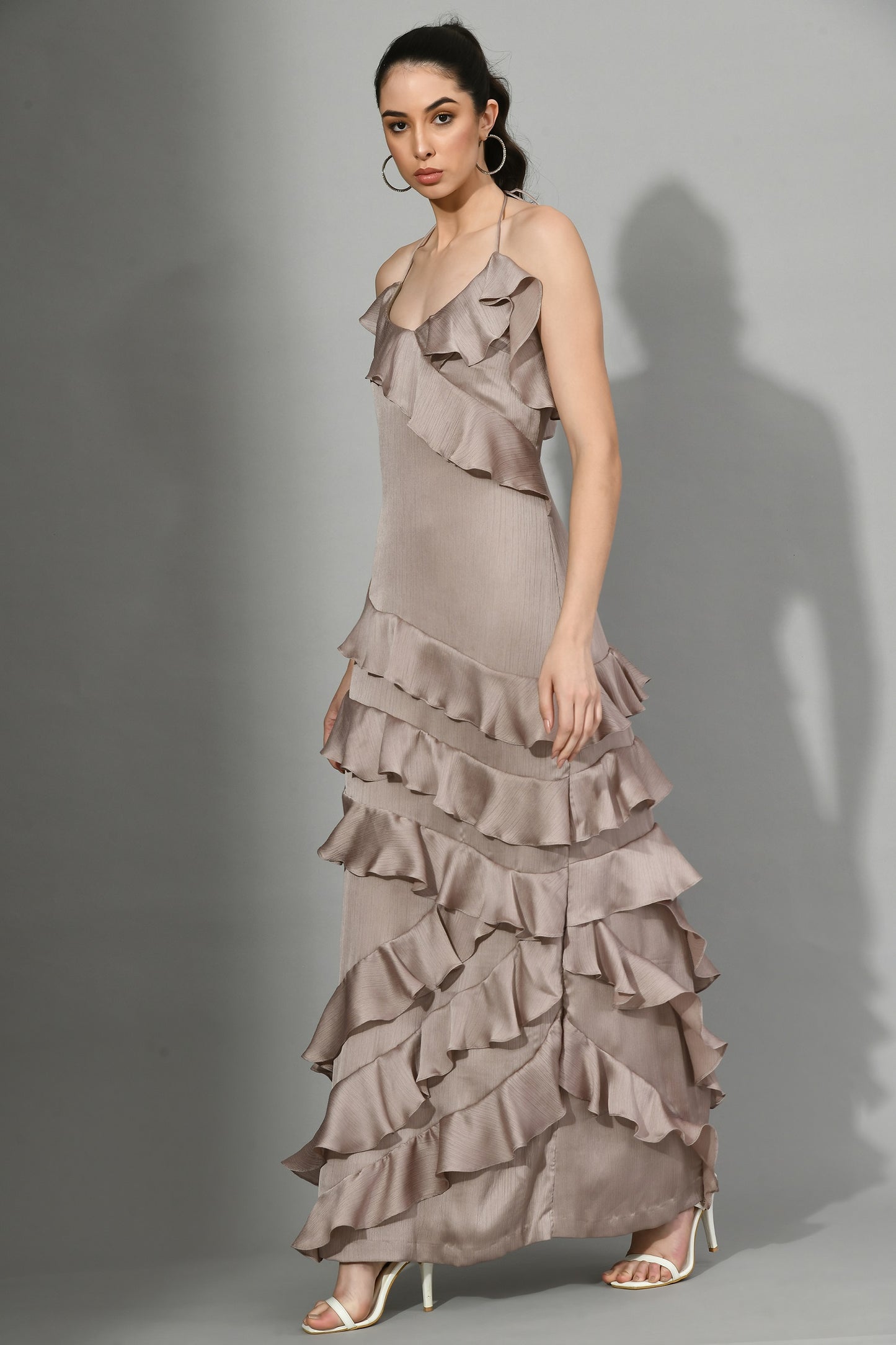 Ada Satin Chiffon Sweetheart Neck Layered Ruffle Gown