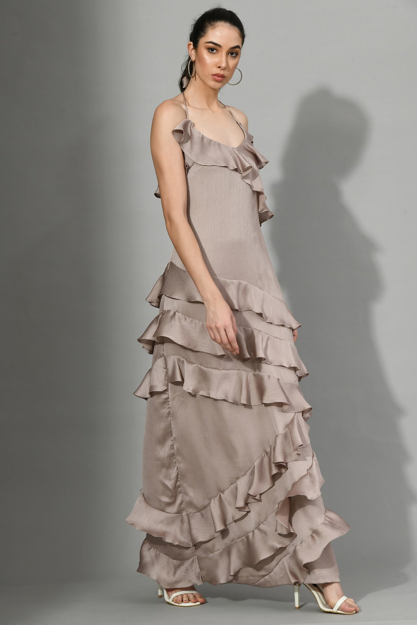 Ada Satin Chiffon Sweetheart Neck Layered Ruffle Gown