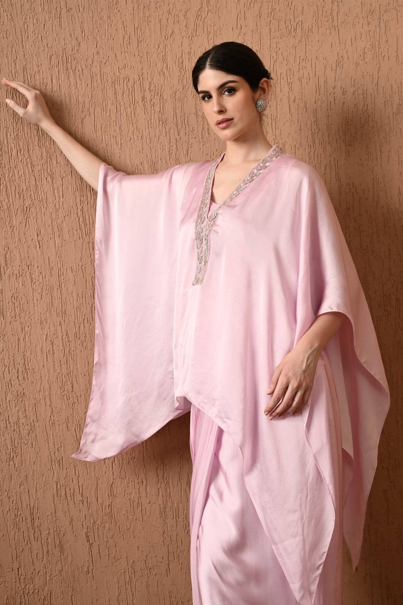 Kaftan, Pink Kaftan, Kaftan with Draped Skirt, Indo-western, Western Dress, Party Wear, Occasion Wear, Sunanta Madaan, Beach Wear, Wedding Wear, Summer Wedding Wear