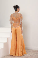Woman in a peach outfit with a sheer top standing on a staircase. Orange satin organza sharara, embroidered cape set, festive ethnic outfit, elegant designer wear, premium traditional attire, Sunanta Madaan, near me, Mumbai, Delhi, Hyderabad, Bangalore, Pune