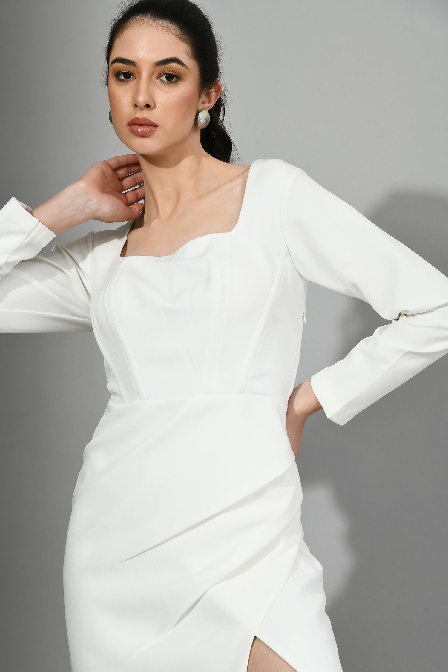 White Formal dress, Formal attire for women, Women’s formal dress, Business formal dress, Long formal dress, Slit Cut Formal Dress, Draped Formal Dress, Sunanta Madaan