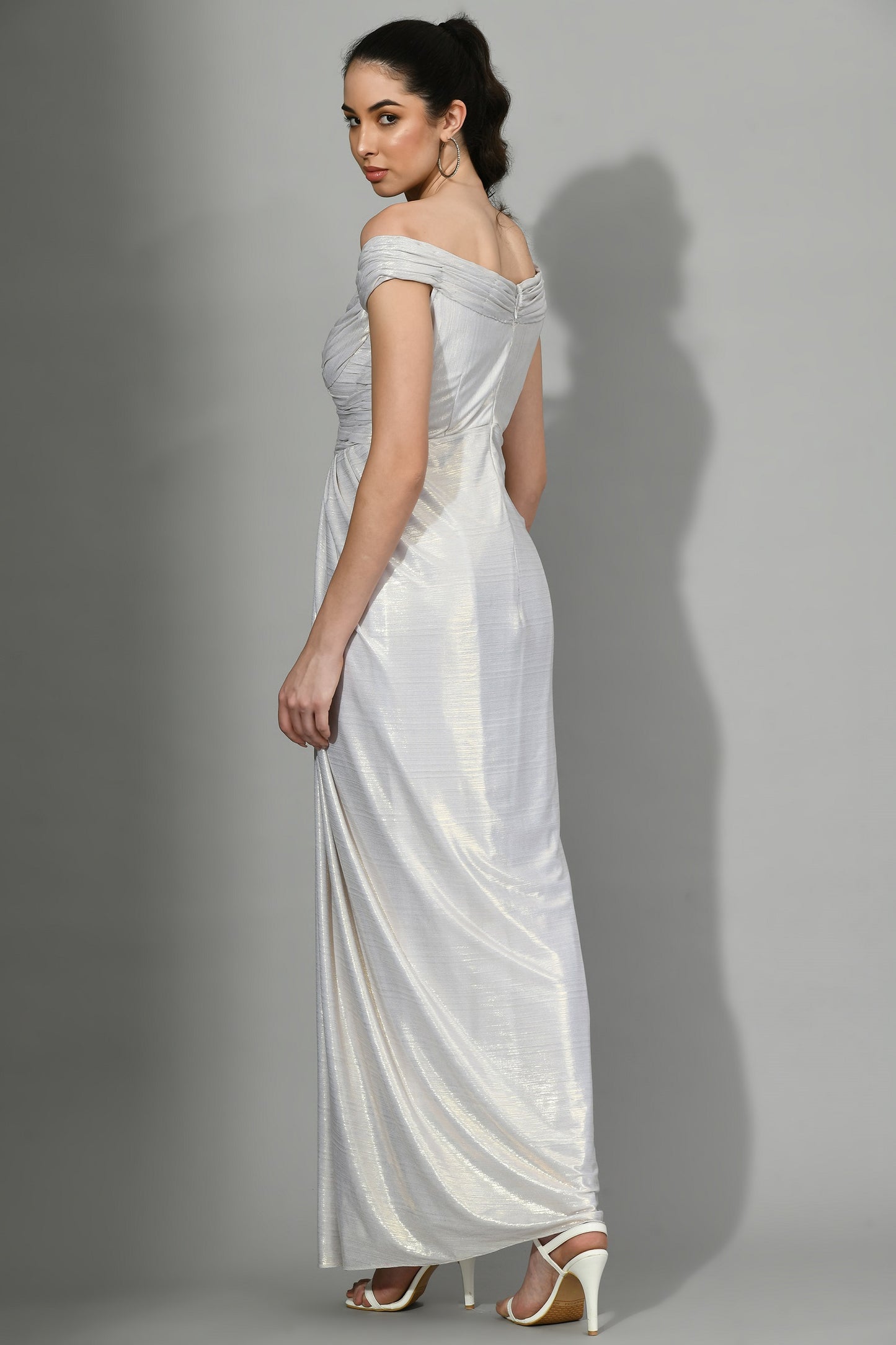 Sioux Sliver Metallic Lyrca Off Shoulder Cocktail Gown