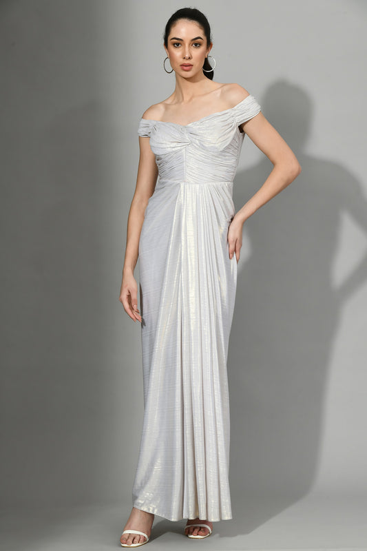 Sioux Sliver Metallic Lyrca Off Shoulder Cocktail Gown