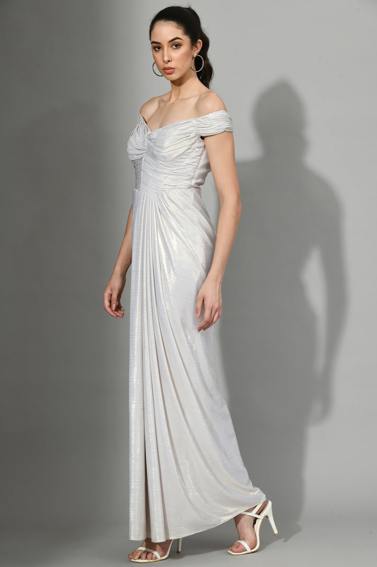 Sioux Sliver Metallic Lyrca Off Shoulder Cocktail Gown