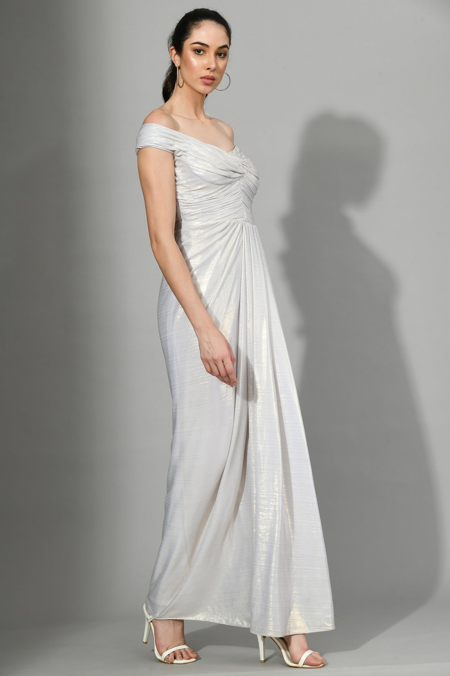 Sioux Sliver Metallic Lyrca Off Shoulder Cocktail Gown