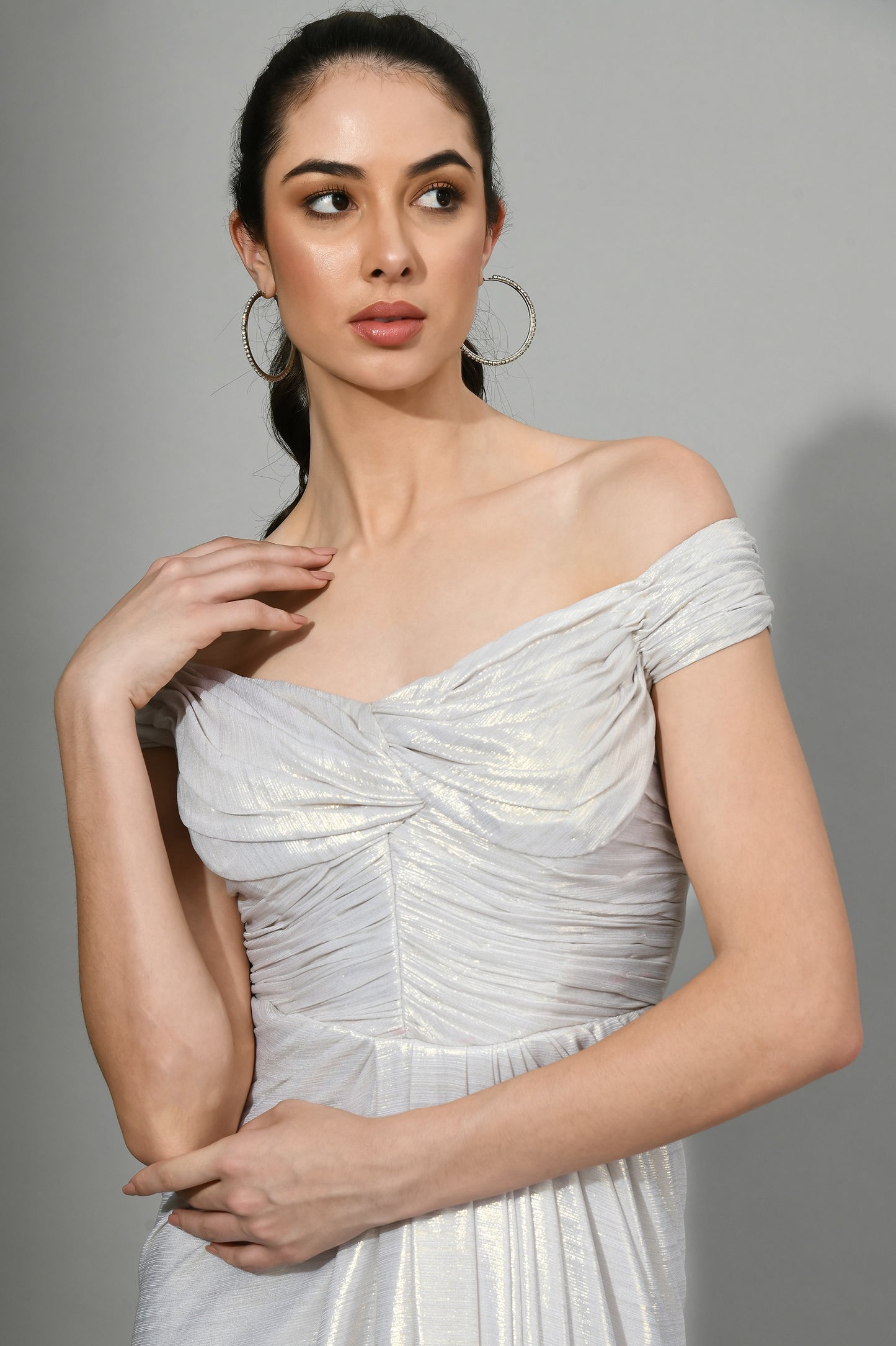 Sioux Sliver Metallic Lyrca Off Shoulder Cocktail Gown