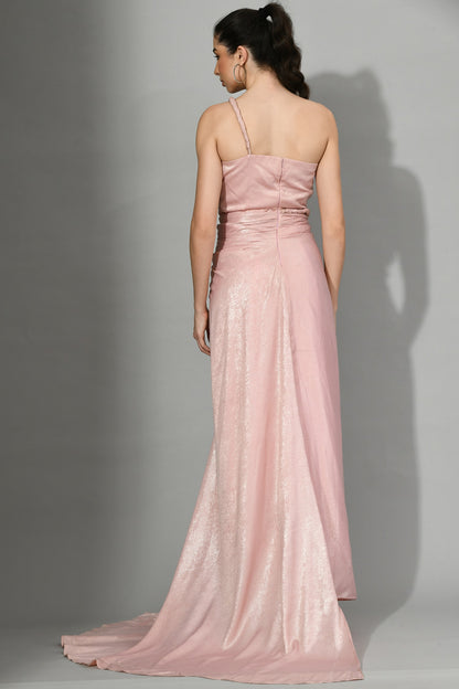 Radiant Bloom: Stylish Draped Pink Gown in Lustrous Satin