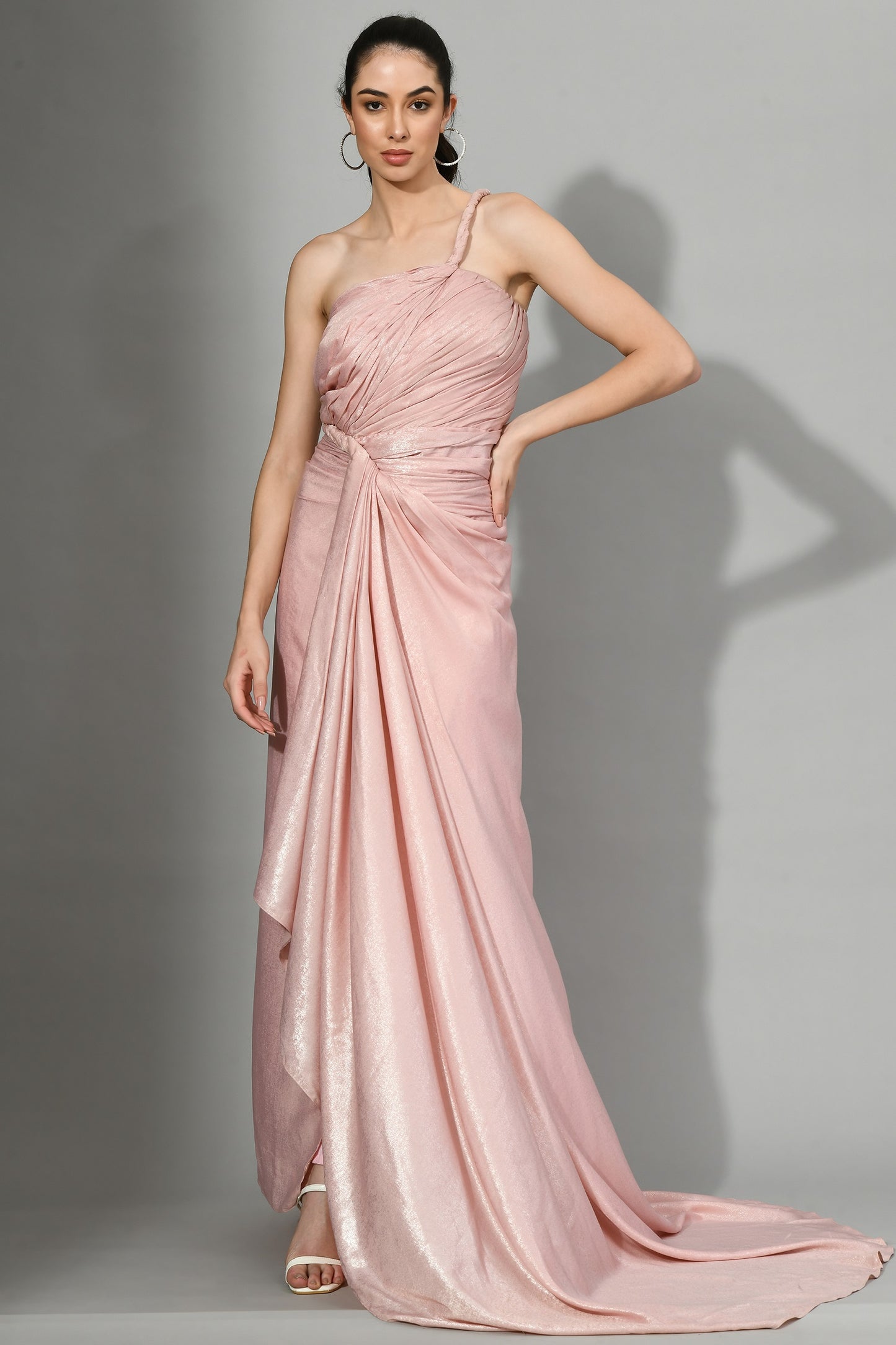 Radiant Bloom: Stylish Draped Pink Gown in Lustrous Satin