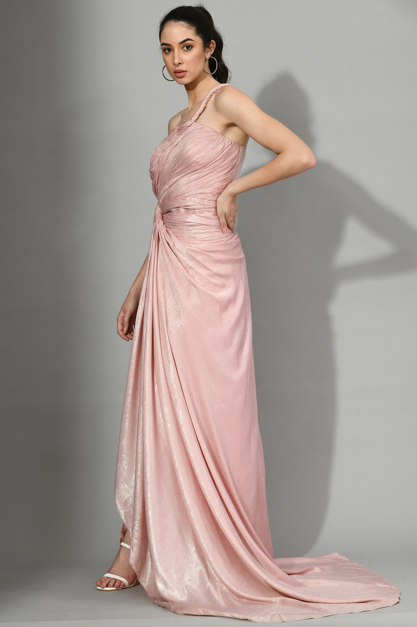 Radiant Bloom: Stylish Draped Pink Gown in Lustrous Satin