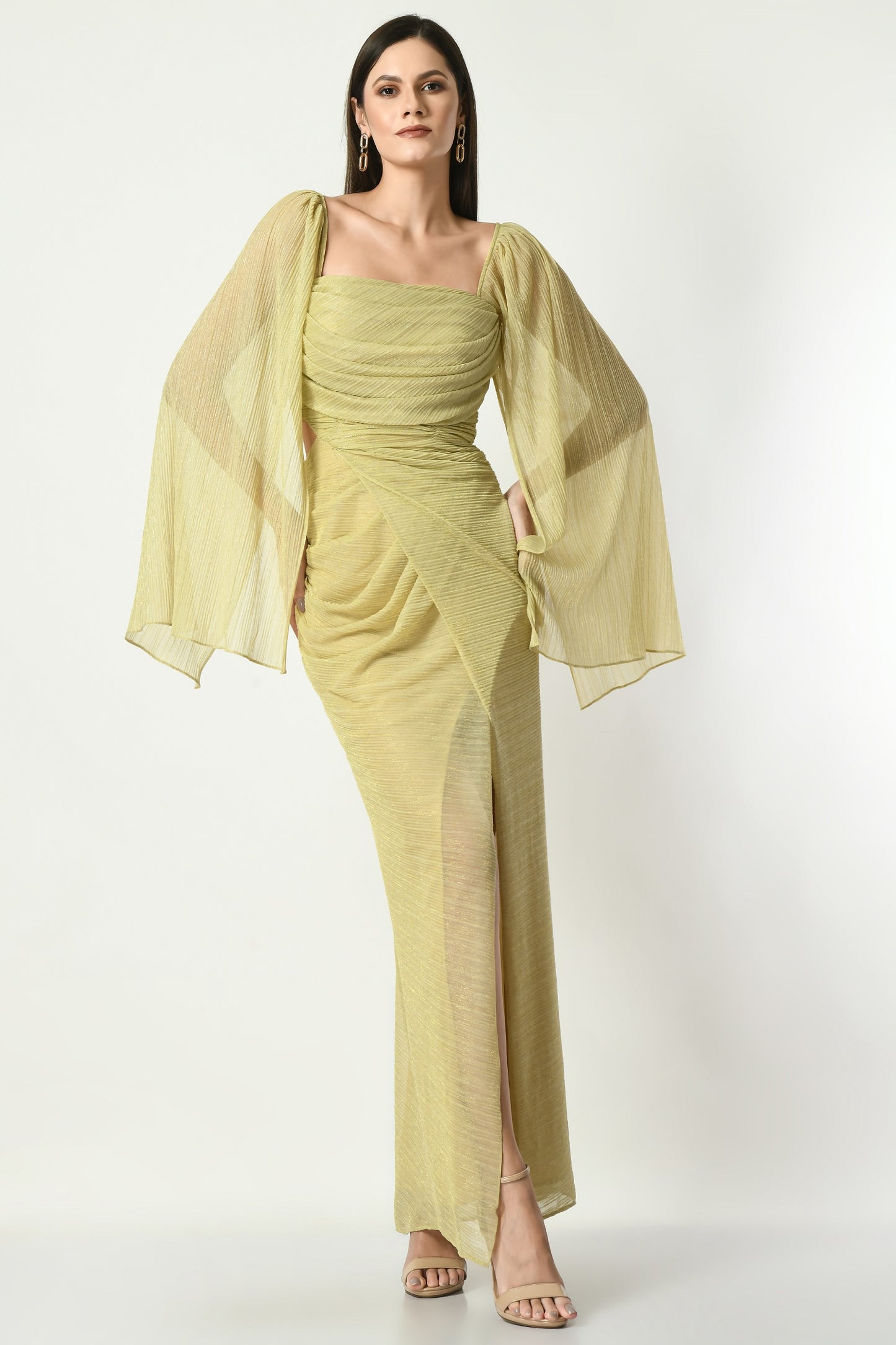 Enid Golden Lycra Cape Sleeve Long Dress Sunanta Madaan XS Enid Golden Lycra Cape Sleeve Long Dress Sunanta Madaan XS