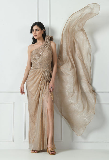 Golden cocktail Gown with structured detailing