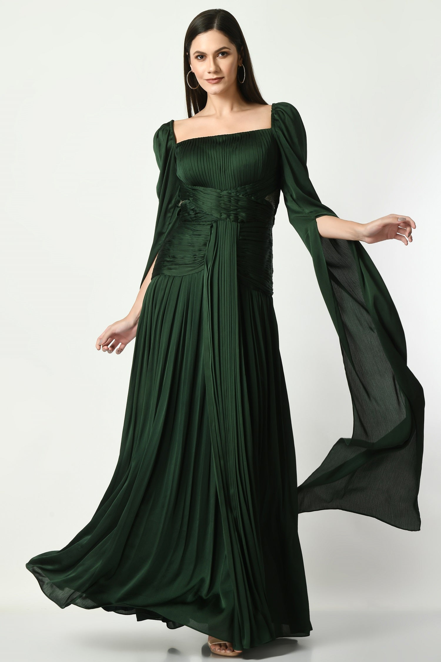 Emerald Green Satin Chiffon Cape Sleeve Pleated Gown XS Emerald Green Satin Chiffon Cape Sleeve Pleated Gown XS