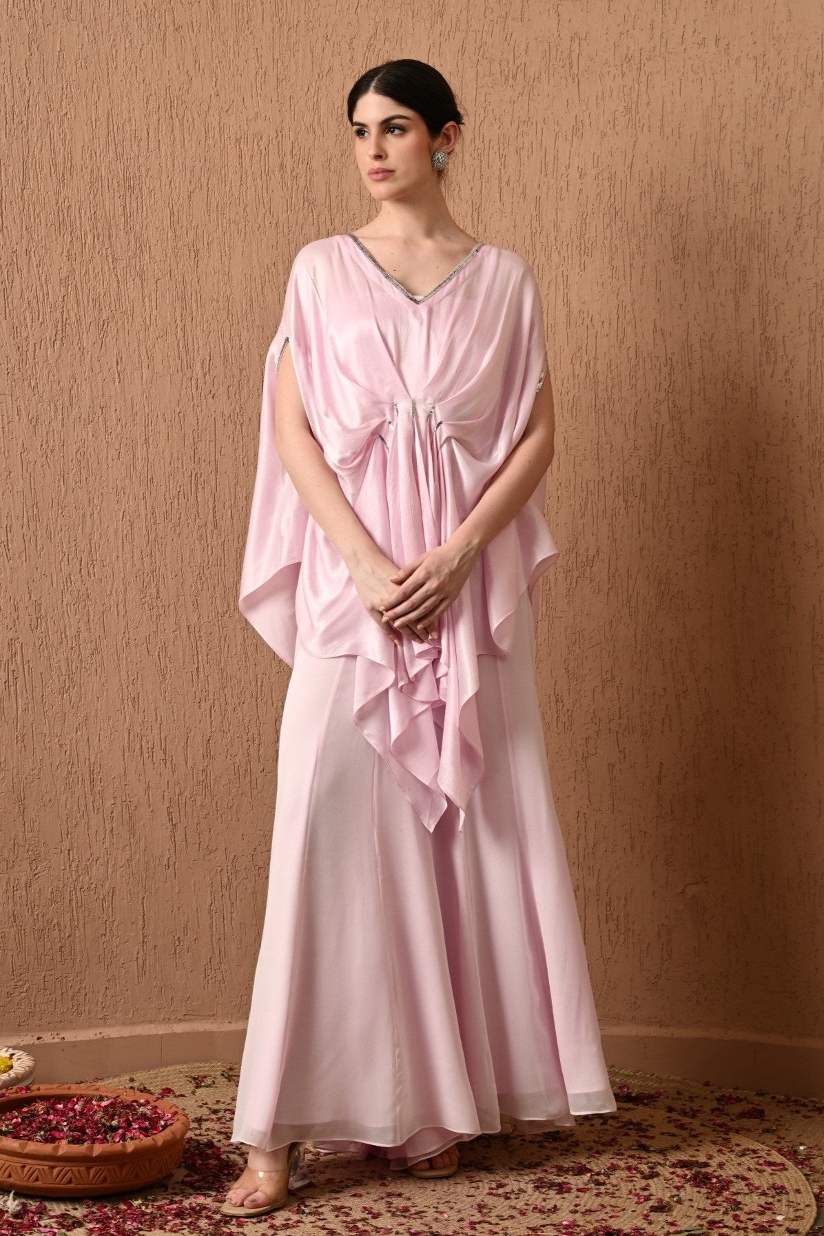 Hand-Embroidered Pink Kaftan Dress for Eid Celebrations – Elegant pink kaftan dress with intricate hand-embroidery, ideal for modest Eid celebrations and festive occasions. Designer Pink Kaftan with Sharara for Party Wear and Weddings