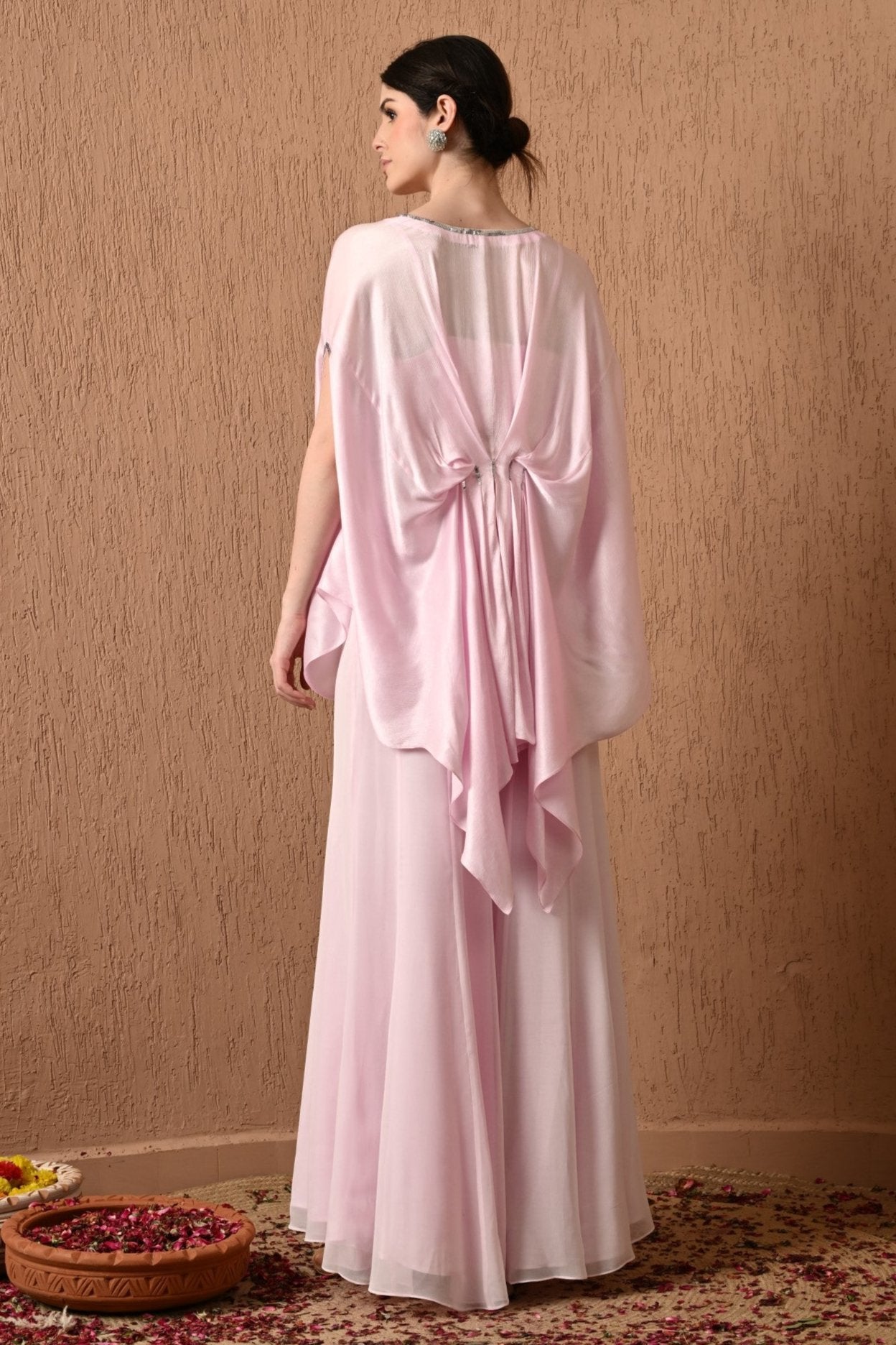 Hand-Embroidered Pink Kaftan Party Wear with Sharara – A beautiful designer kaftan dress for parties, featuring intricate embroidery and a modern sharara cut