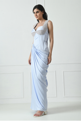 Pre-draped Indo-Western gown, Embroidered Gown, Indo-Western gown for engagement, Indo-Western gown for Women, Indo-Western wedding gown, Sunanta Madaan, Near Me, Gown Near Delhi