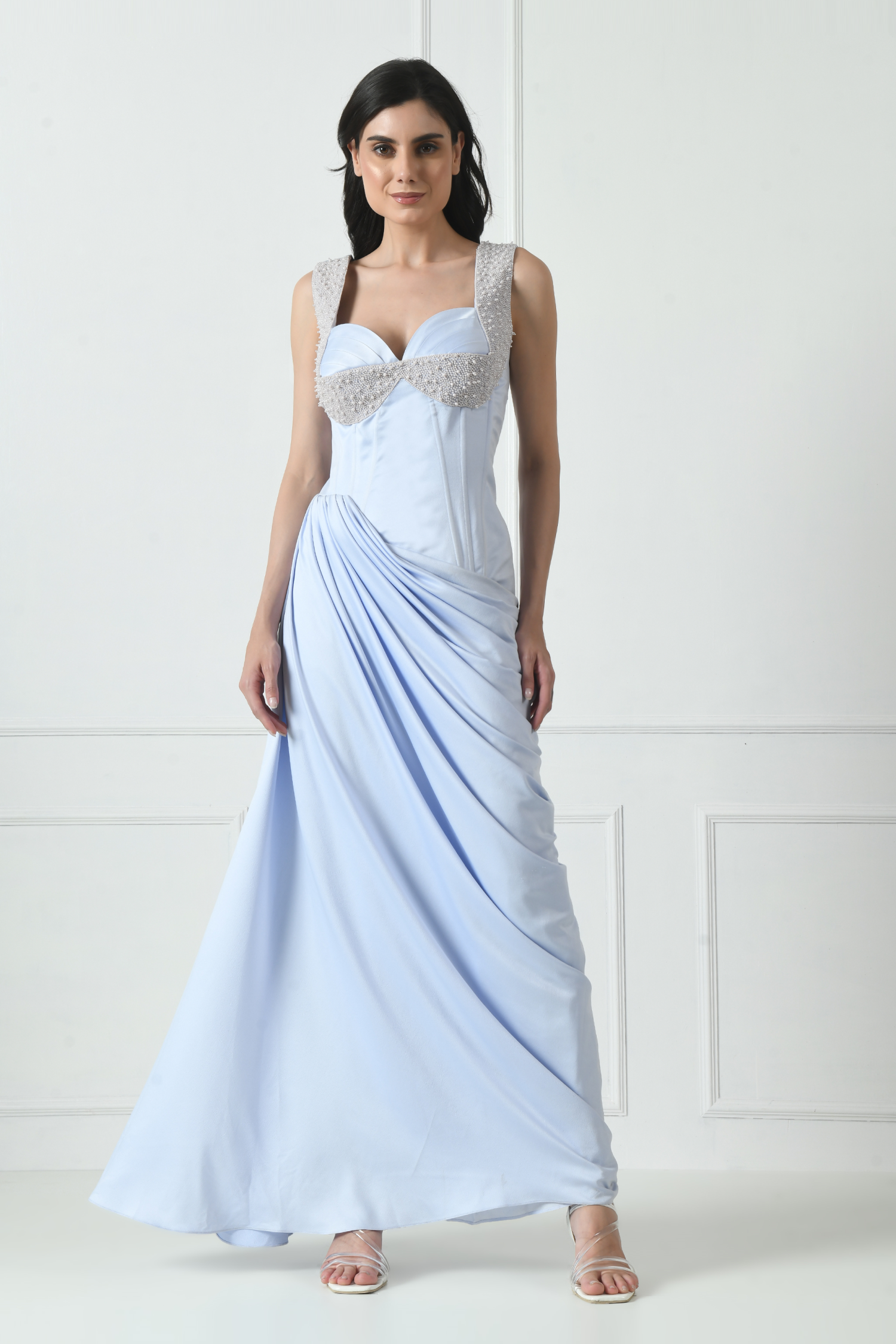 Indo-Western gown for reception, Indo-Western gown for engagement, Indo-Western evening gown, Indo-Western floor-length gown, Modern Indo-Western gown, Sunanta Madaan