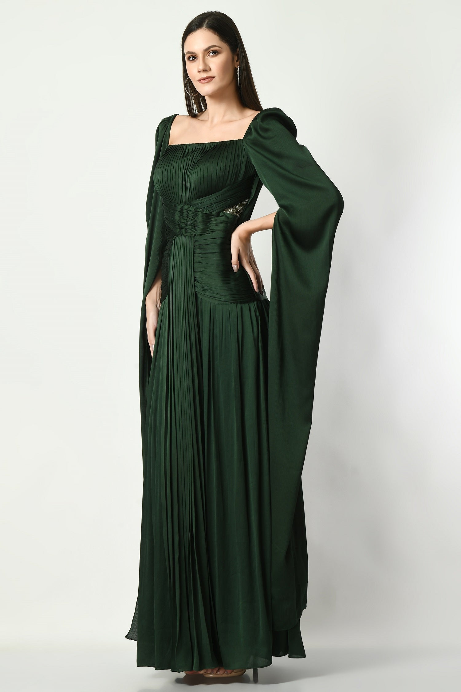 Emerald Green Satin Chiffon Cape Sleeve Pleated Gown XXL Emerald Green Satin Chiffon Cape Sleeve Pleated Gown XXL