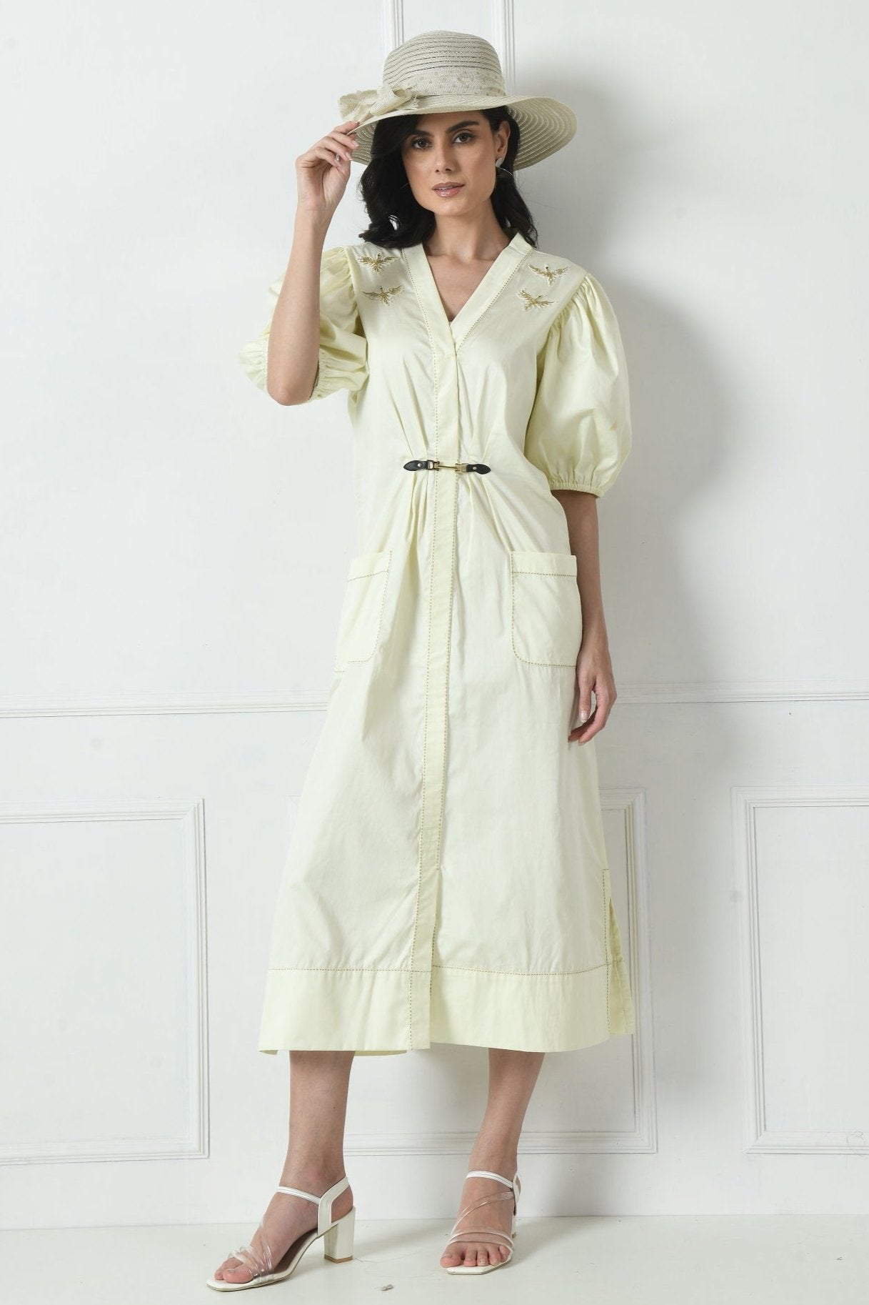 Cotton Dress in Ivory Color With Hand Embroidery XS