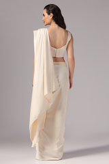 Ivory Color Indo Western Saree, Indo Western Fusion Saree, Designer Indo Western Saree, Modern Saree, Trendy Saree, Indo Western Saree for Wedding, Sunanta Madaan