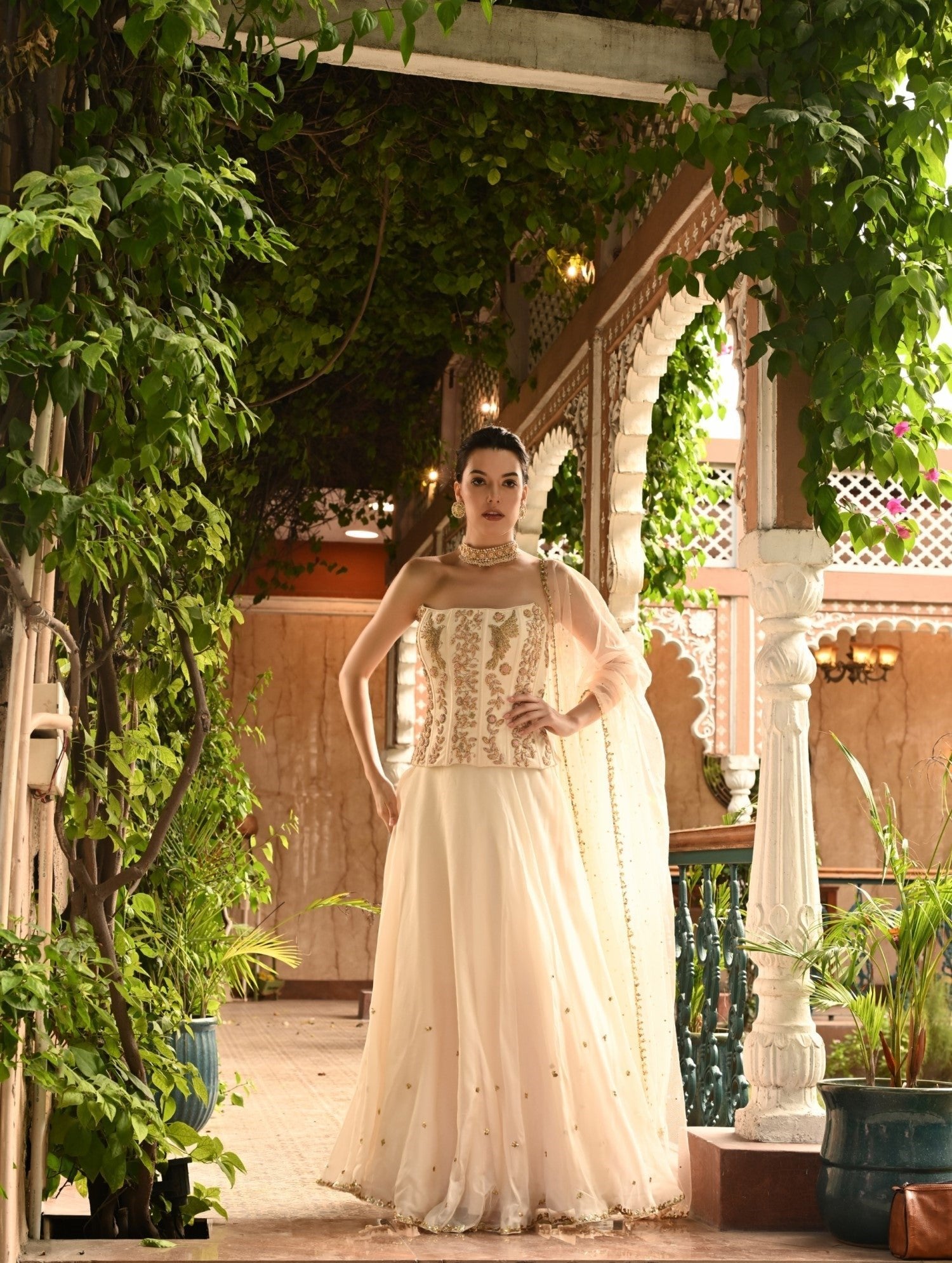 Indo-western lehenga with off-shoulder top, Indo-western lehenga set with embroidery, ndo-western lehenga with drape, Indo-western lehenga set designs, Indo-western lehenga for wedding, Sunanta Madaan