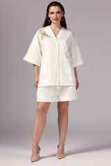 Women's coord set, Summer coord set, Short Coord Set, V Neck Coord Set, Embroidered Coord Set, Two Pocket Coord Set, Ivory Coord Set for women, Sunanta Madaan
