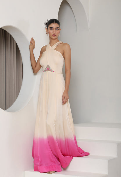 Ivory Pink Satin Organza Embroidered Jumpsuit - Designer Festive Wear