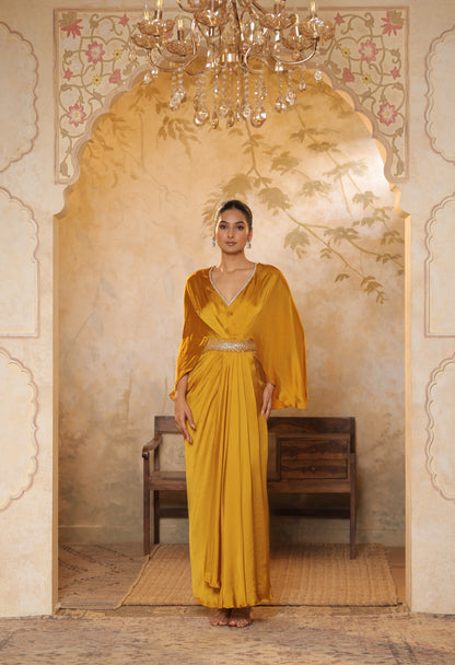 Yellow Crepe V- Neck Embroiderd Kaftan – Handcrafted Festive Wear