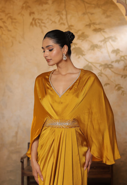 Yellow Crepe V- Neck Embroiderd Kaftan – Handcrafted Festive Wear