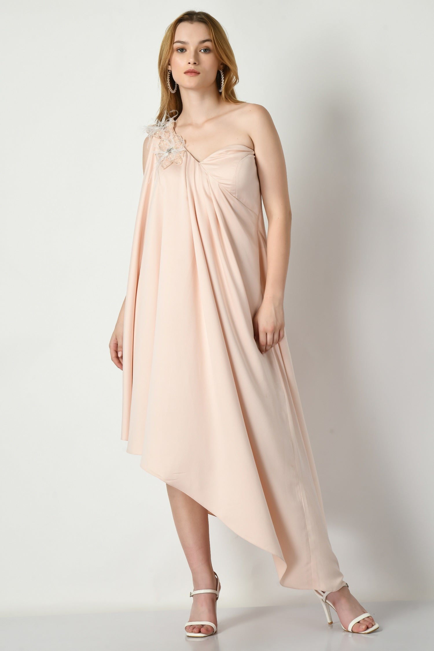 Elegant one-shoulder satin dress with hand-embroidered floral detail – perfect for evening wear. - Satin kaftan for women, Sleeveless kaftan for women, One-shoulder kaftan for women, Antioch High-low kaftan for women, Party Wear Kaftan for women, Wedding Wear kaftan for Women, Casual kaftan dress for women by sunanta madaan