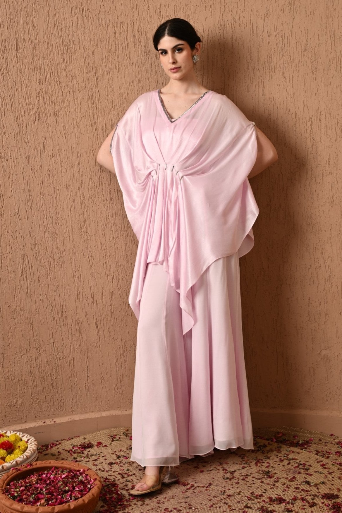 Luxury Pink Kaftan for Eid Celebrations – Stunning luxury silk chiffon kaftan, ideal for modest Eid celebrations with its elegant hand-embroidered design, Sunanta Madaan