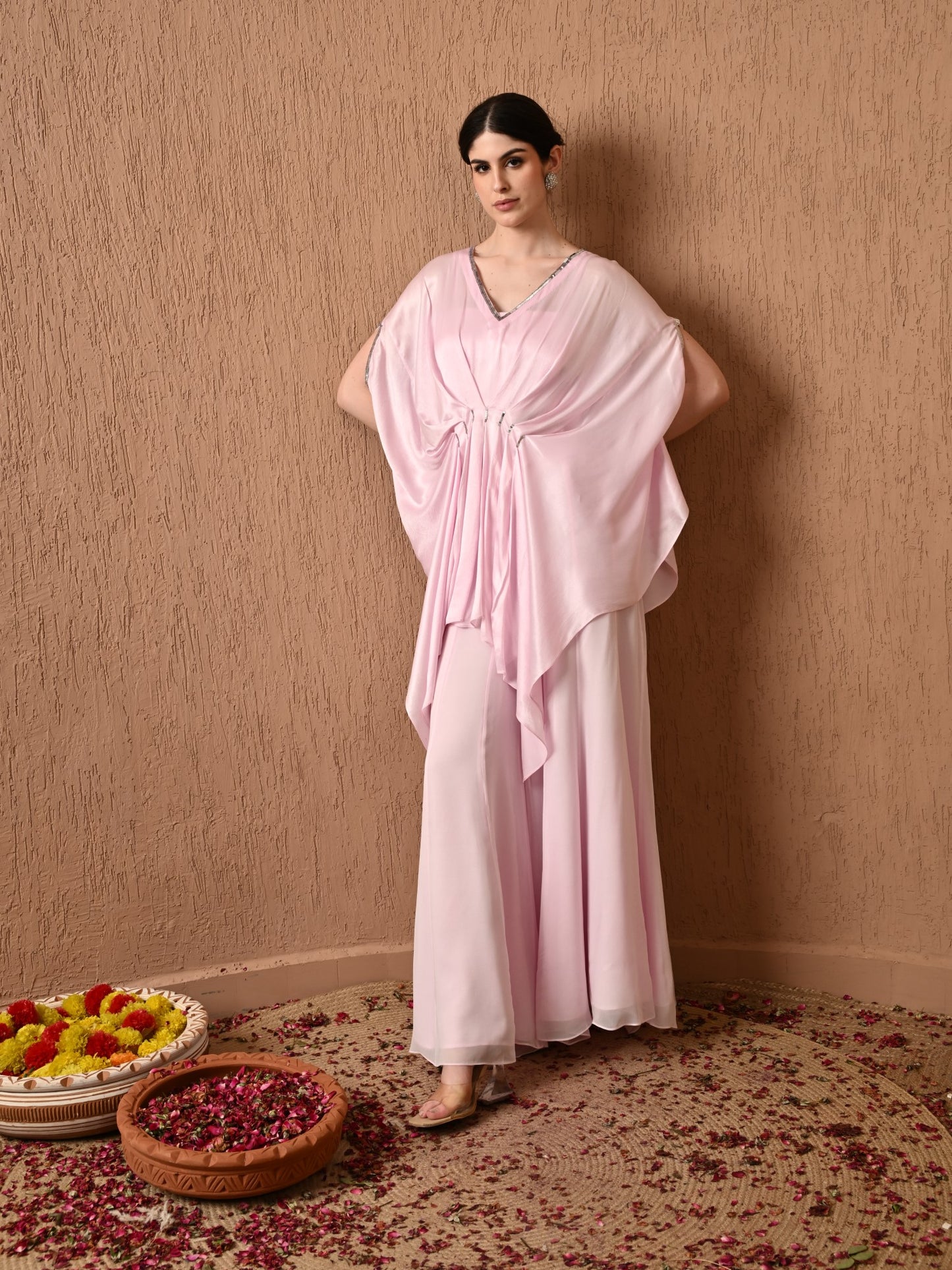 Luxury Pink Silk Kaftan for Wedding Guests with Hand-Embroidered Detailing – A premium, hand-embroidered pink silk kaftan dress, perfect for wedding guests or bridal parties by Sunanta Madaam