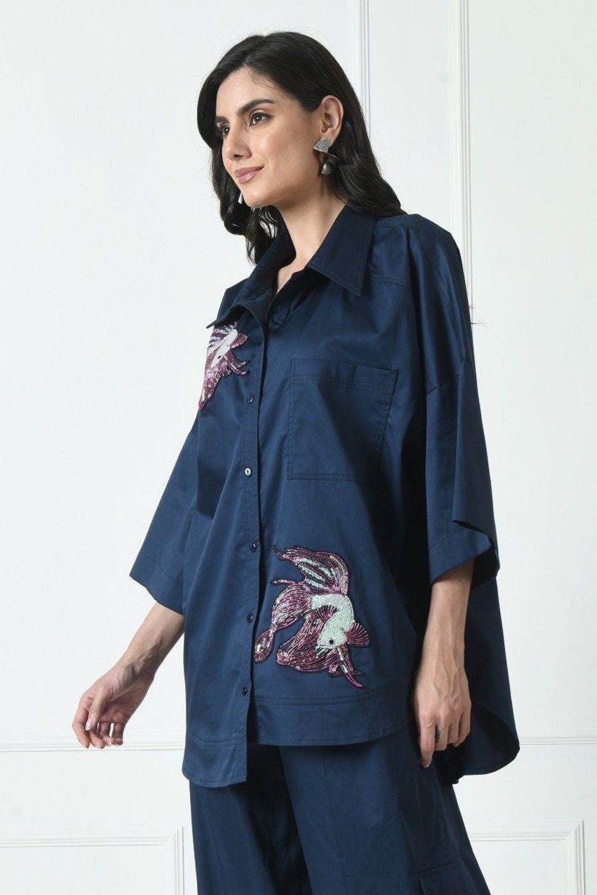 Navy Blue color shirt for women, Embroidered shirt for women, Cotton Shirt for women, Long Sleeve Shirt for women, High Low Shirt for women, Work Wear Shirt for women, Collard Shirt for women by sunanta madaan