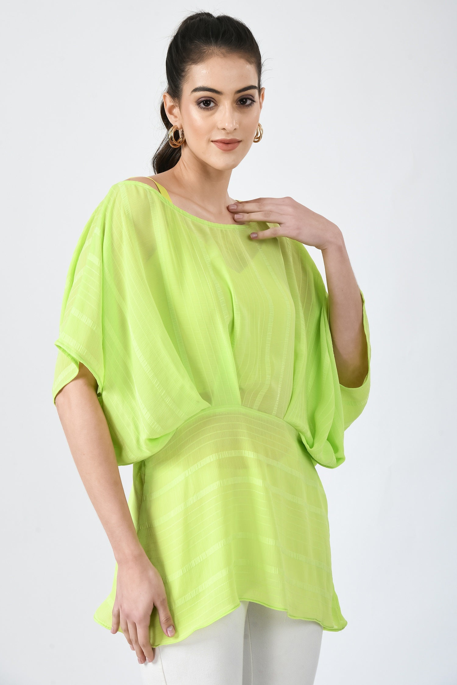 Women’s top, Stylish tops for women, Trendy tops for women, Designer women’s tops, Casual tops for women, Florence Women's Top, Comfortable women’s tops, Tops for women, Green Chiffon Draped Tunic Top for women by sunanta madaan