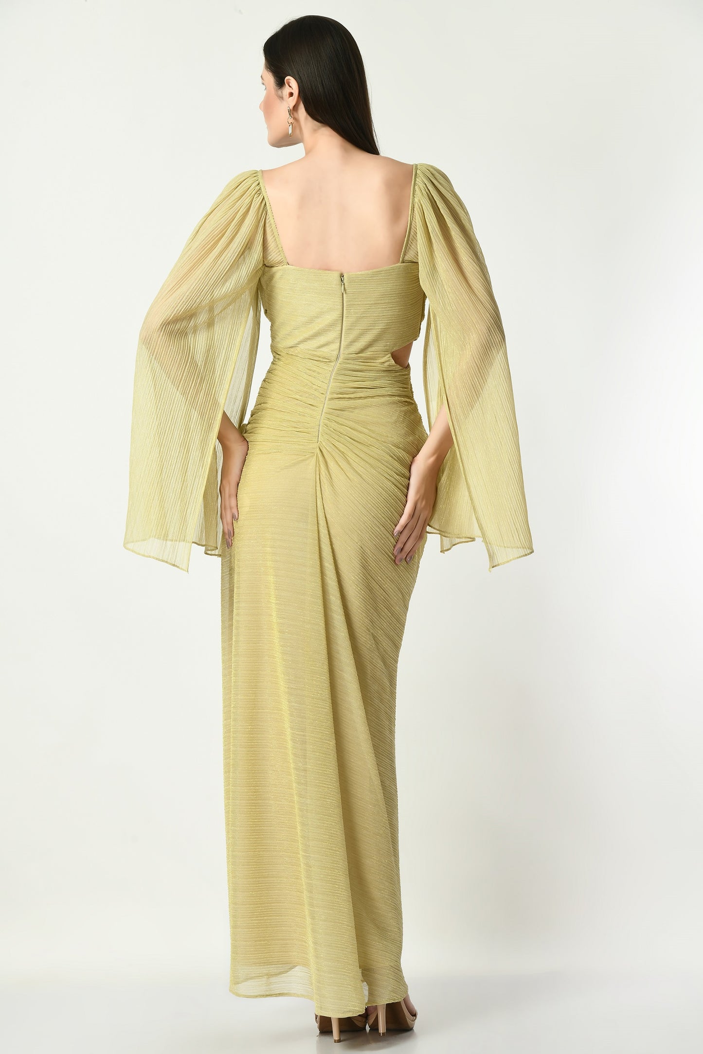 Enid Golden Crepe Bat Sleeve Long Dress