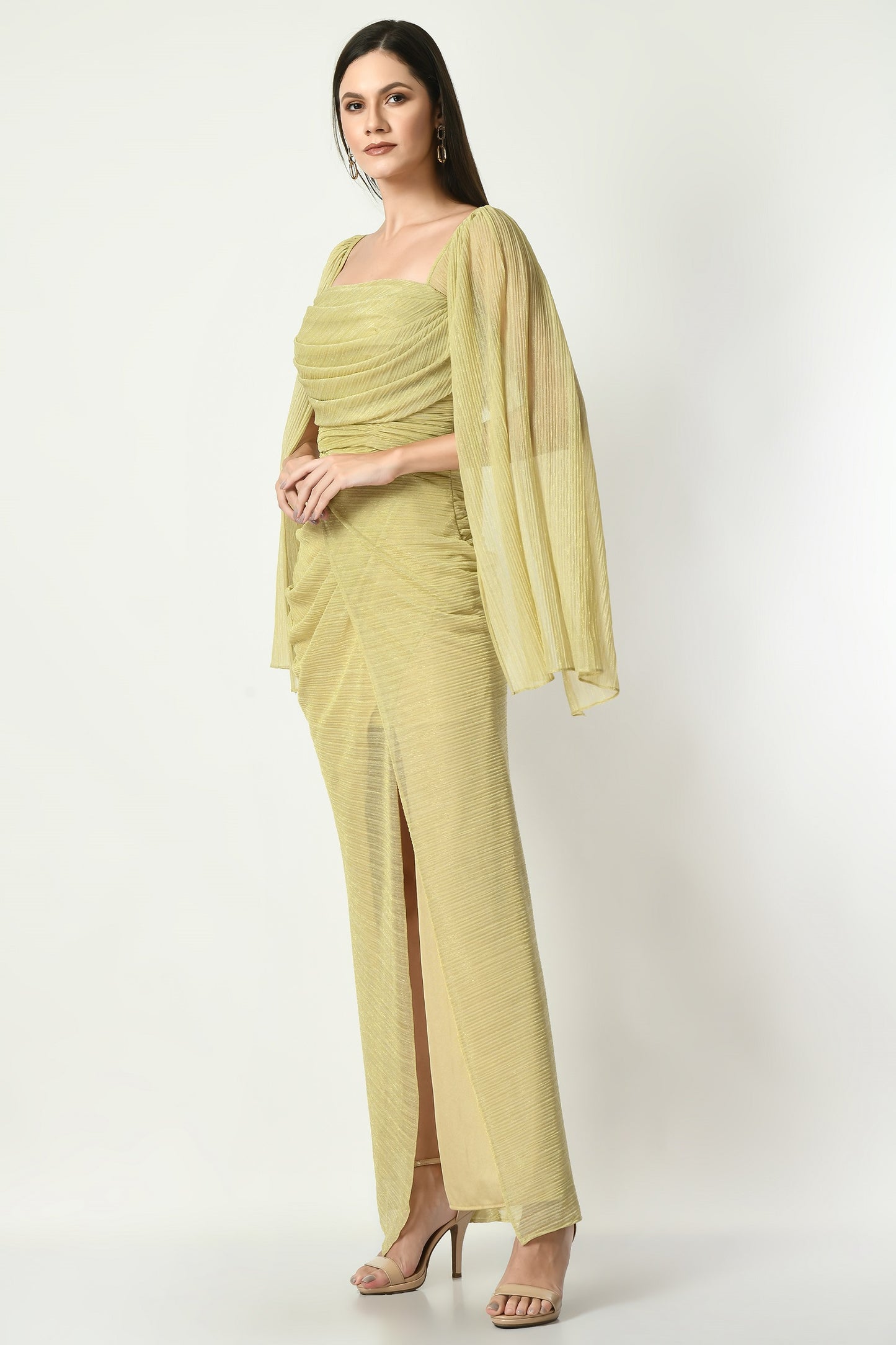 Enid Golden Crepe Bat Sleeve Long Dress