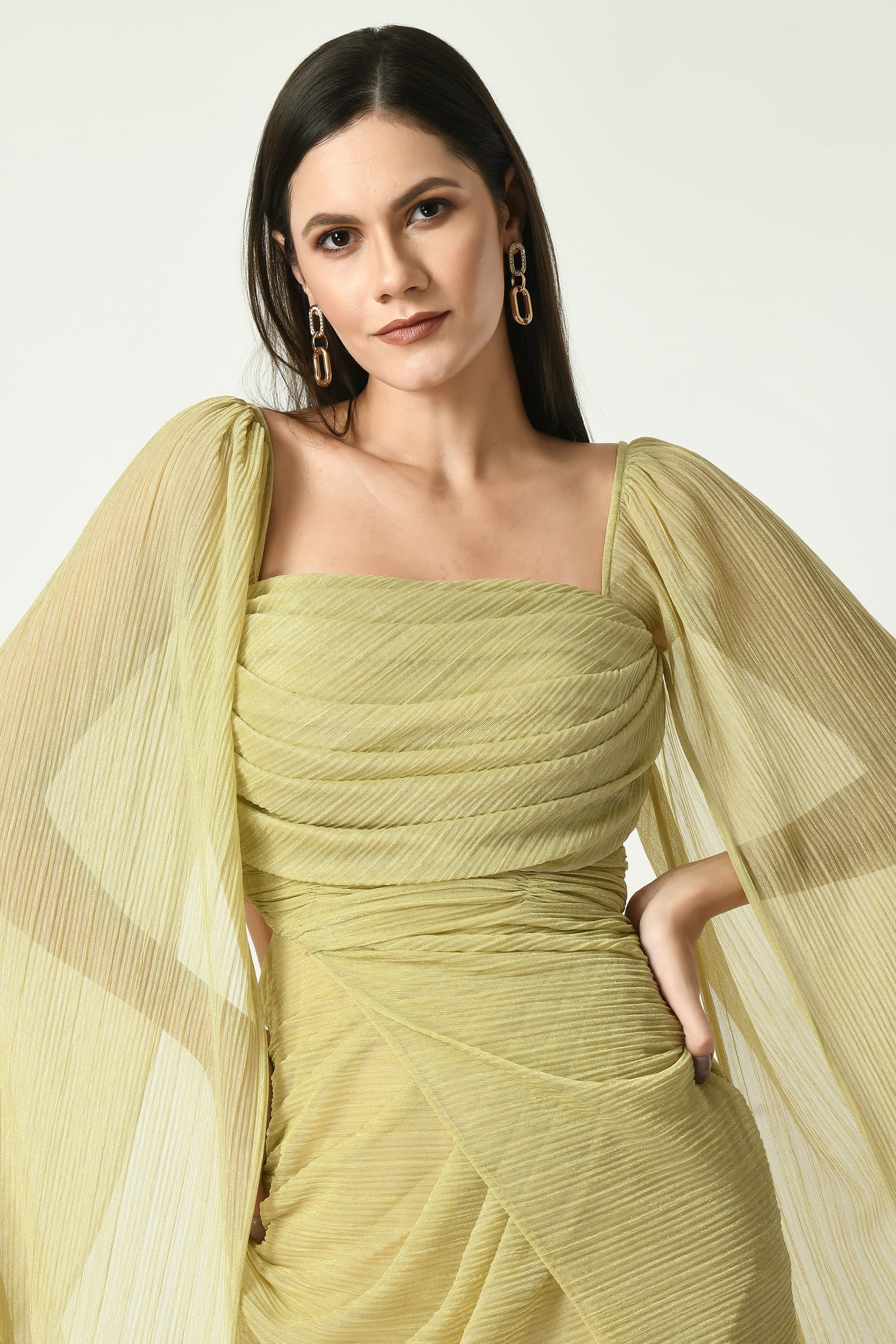 Enid Golden Crepe Bat Sleeve Long Dress