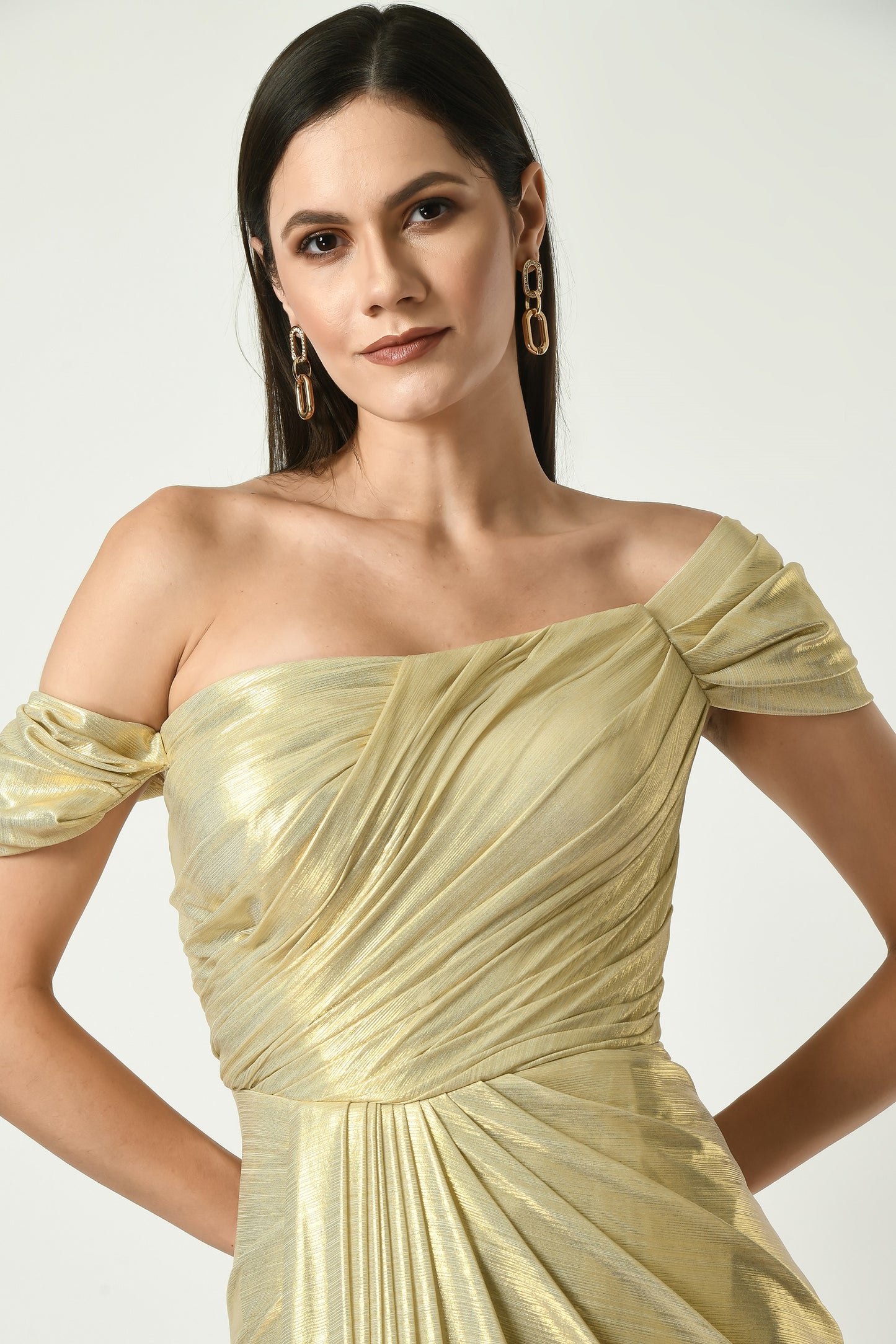 Irvine Blonde Lyrca Off-Shoulder Gown